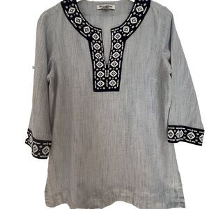 TOMMY BAHAMA Womens S Shirt Tunic Popover Cotton Flax Navy White Beachy